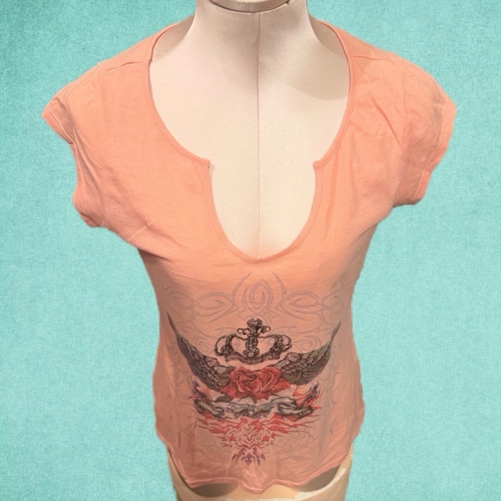 Peach Y2K crown rose and tribal design Graphic Women Top - Picture 3 of 7